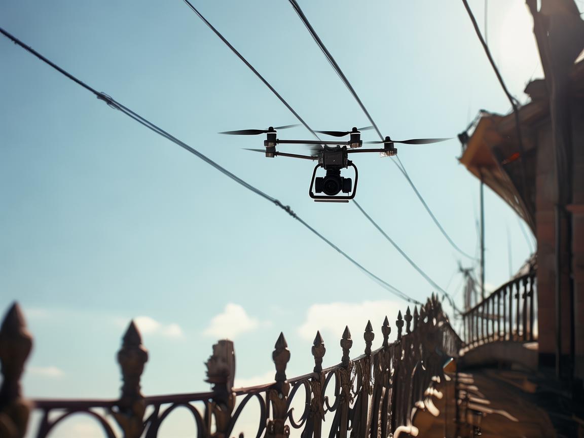 无人机电力巡检，飞越阳台栏杆的守护